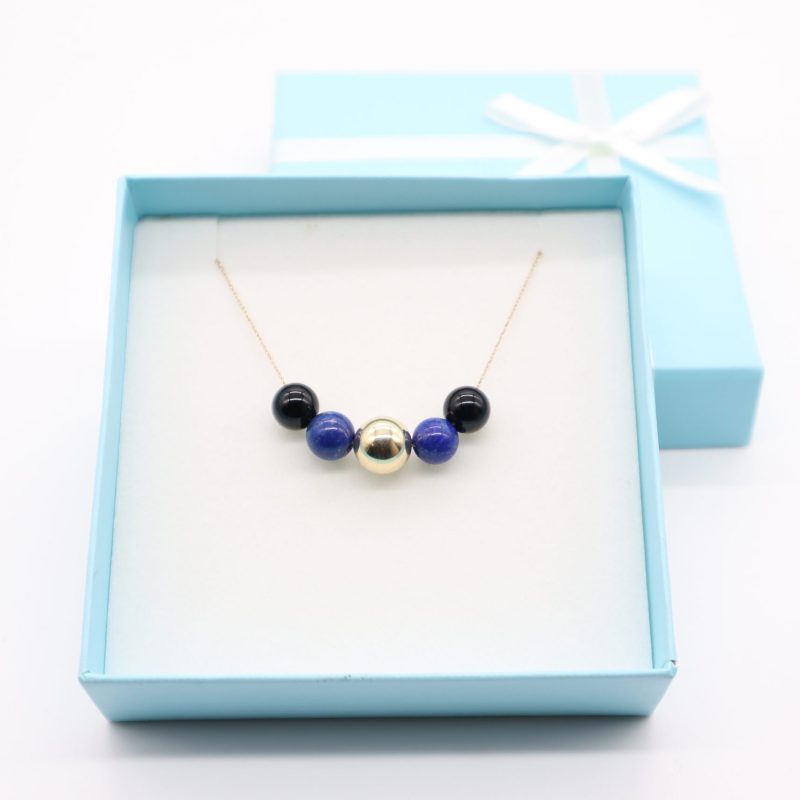 14K Yellow Gold Lapis and onyx Ball Bead Necklace